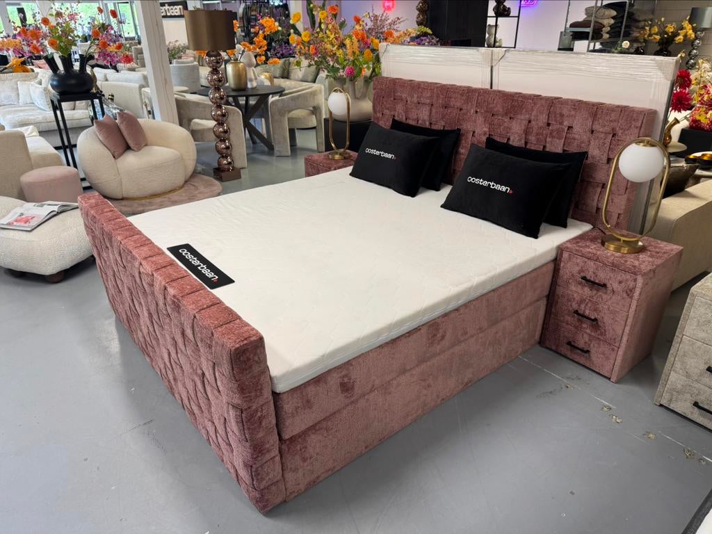 Luxe Velvet Teddy Boxspring Braid 180x200cm Roze NEW Uniek, Overige kleuren, Info@oosterbaanwonen.nl, Venus 31 8448CE Heerenveen