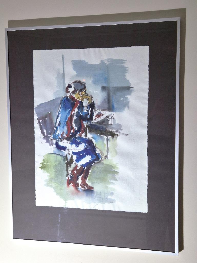 aquarel 'Vrouw aan tafel', unicum, door Renée Hogeland, Antiek en Kunst, Ophalen, 48 cm, 1950 - 1999, Overige technieken