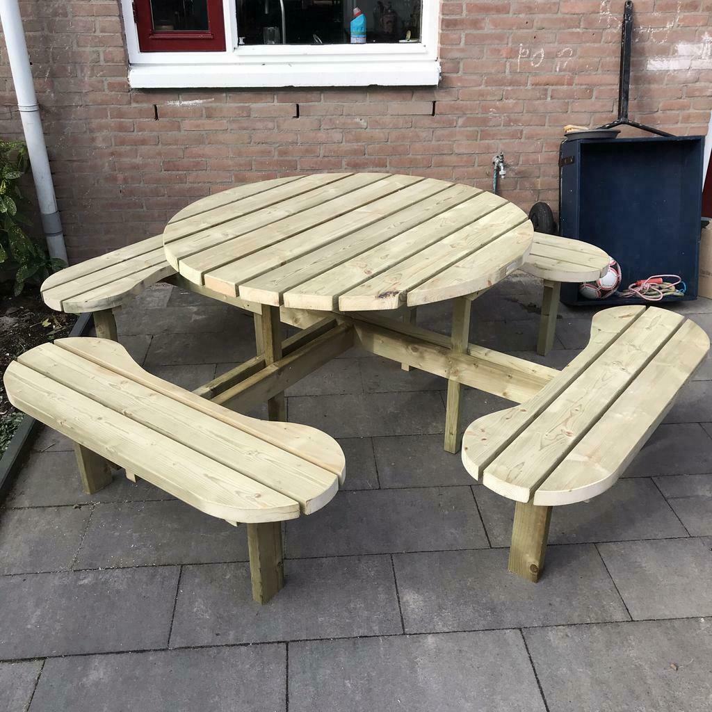 Ronde Picknicktafel voor 8 personen NIEUW Bezorging mogelijk, Ophalen of Verzenden, Nieuw, Rond, Hout