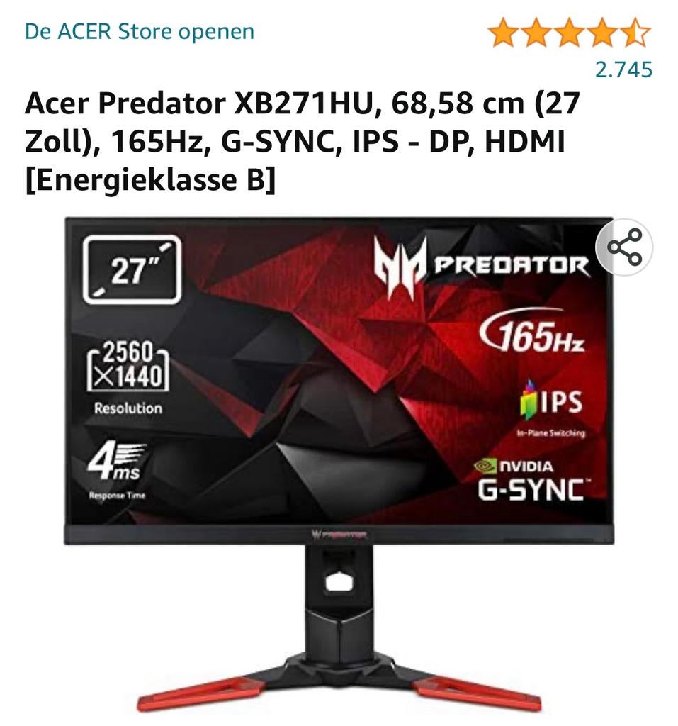 Acer Predator 27" G-Sync IPS Gaming Monitor, Computers en Software, Monitoren, Gebruikt, In hoogte verstelbaar, DisplayPort, Ophalen