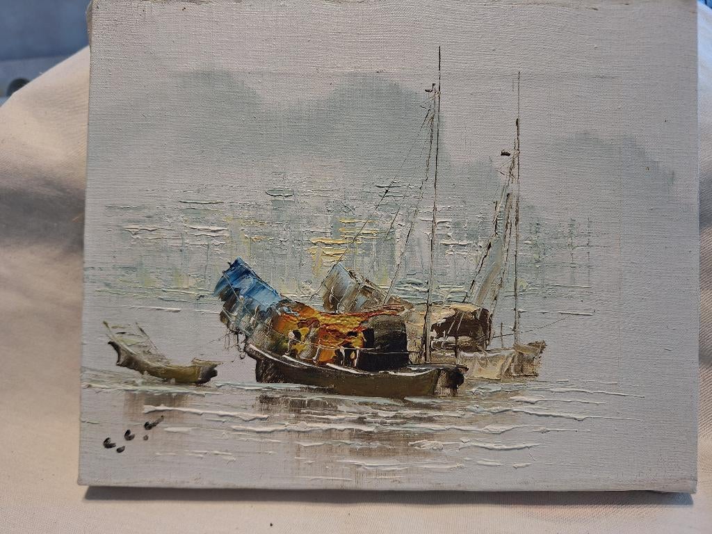 olieverf schilderijtje met bootjes, Antiek en Kunst, Ophalen of Verzenden
