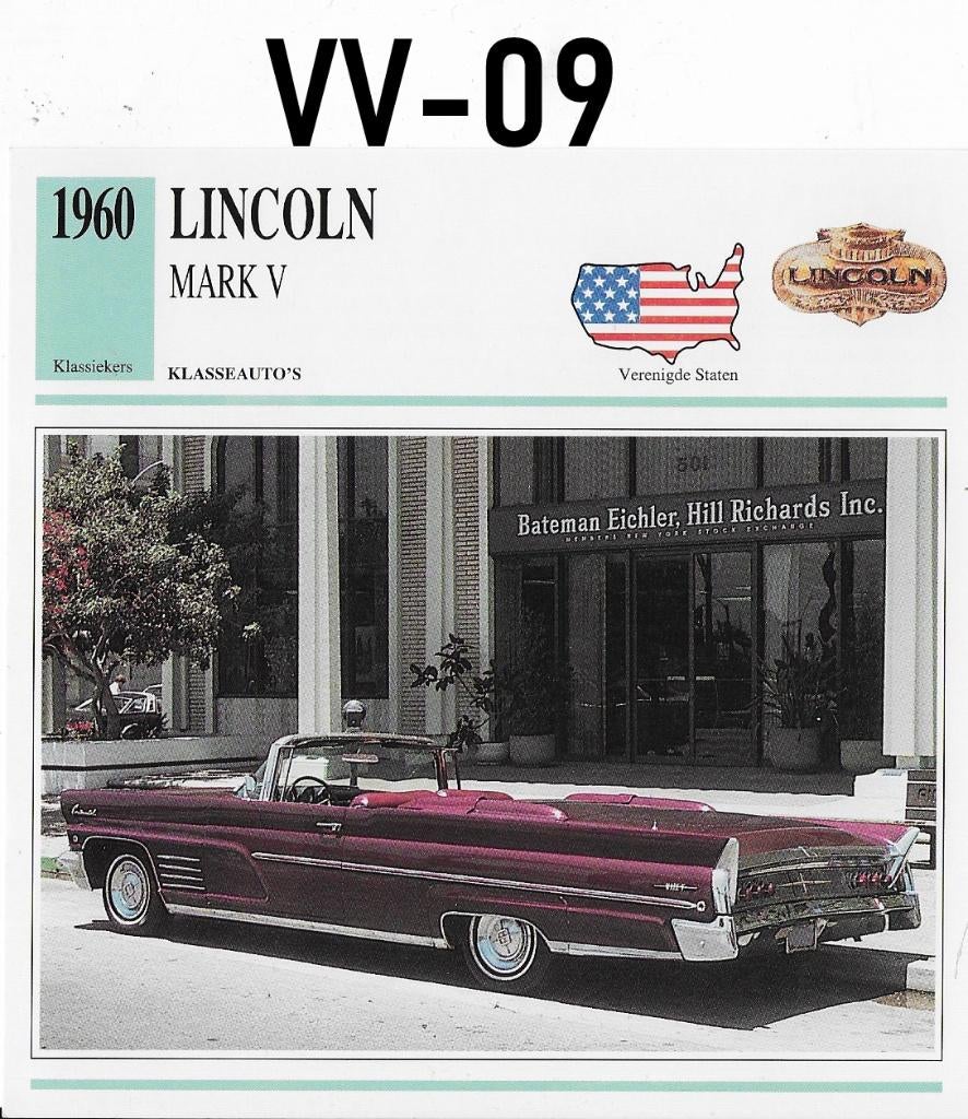 Vv9 autokaart lincoln mark v ( 1960 ) afmeting 14 cm x 14 cm, Ophalen of Verzenden, Zo goed als nieuw, Auto's