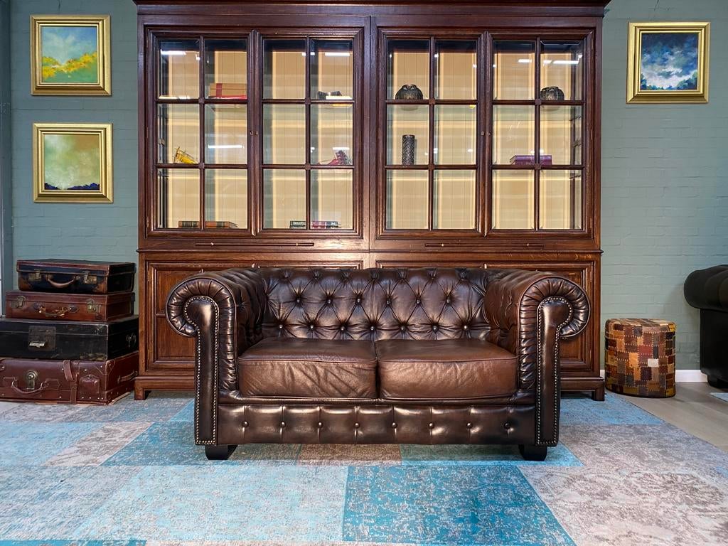 Prachtige Chesterfield bank bruin gevlamd, 125 cm of meer, Leer, Ophalen of Verzenden, Zo goed als nieuw