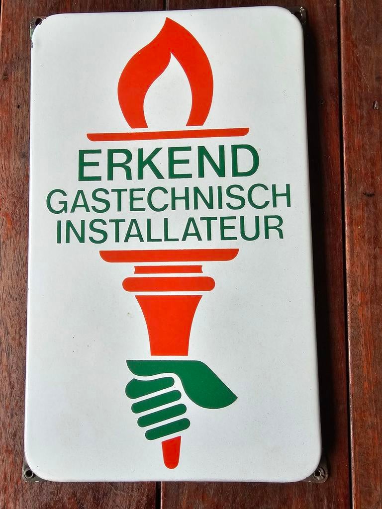Emaille bord erkend gastechnisch installateur, Verzamelen, Ophalen, Reclamebord