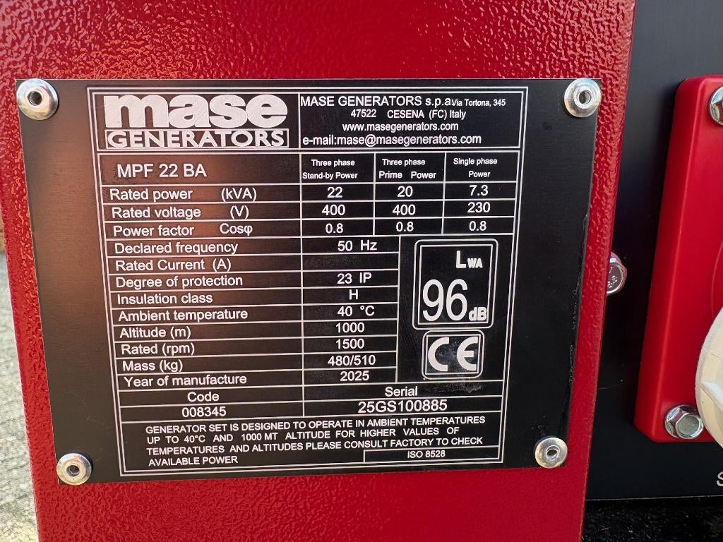 Aggregaat 20 kVA | Mase MPF 22 BA | EU Stage 5 | Diesel, Dieselolie, Geluidgedempt, Mase Generator Spa, Nieuw