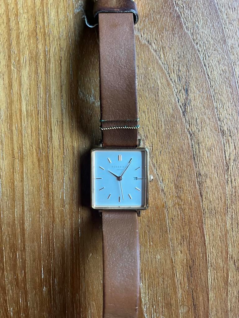 Rosefield vierkant horloge met leren band, Overige merken, Staal, Polshorloge, Ophalen of Verzenden