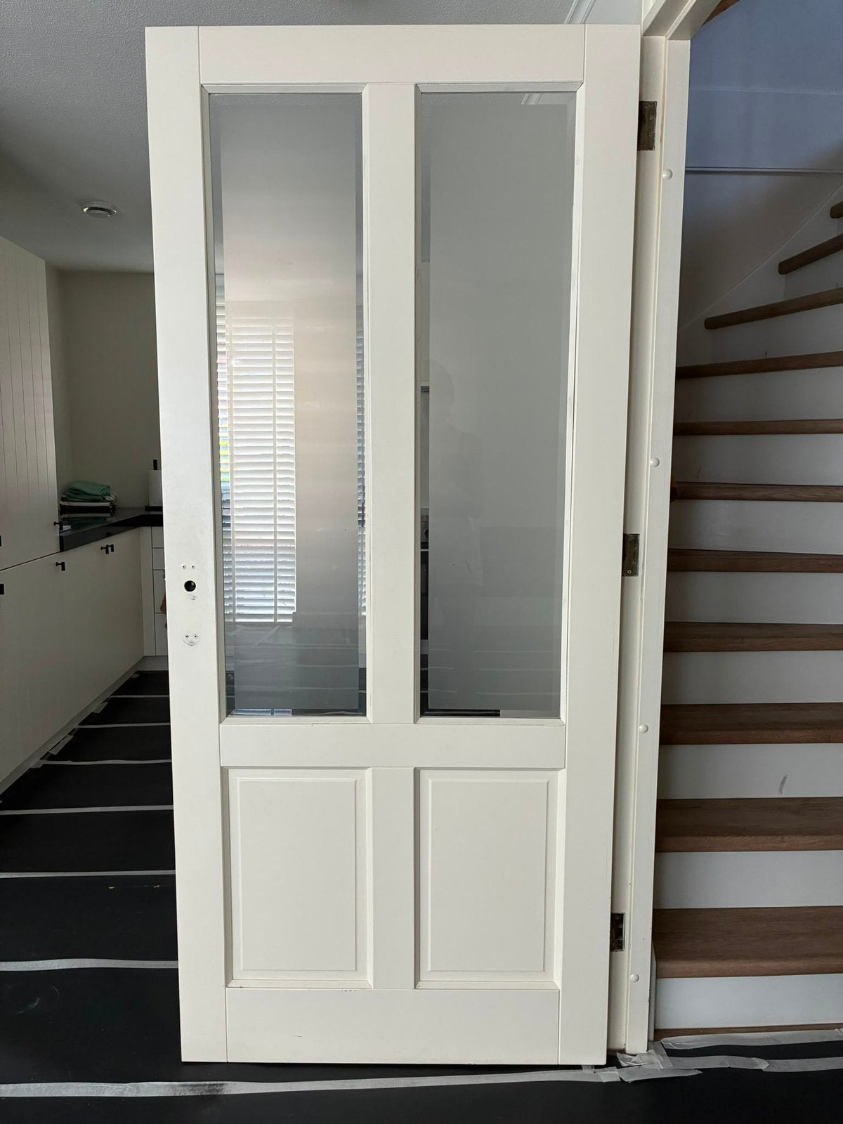 Houten stompe binnendeur met melkglas, Doe-het-zelf en Verbouw, Deuren en Horren, Ophalen, Binnendeur, Zo goed als nieuw, 200 tot 215 cm