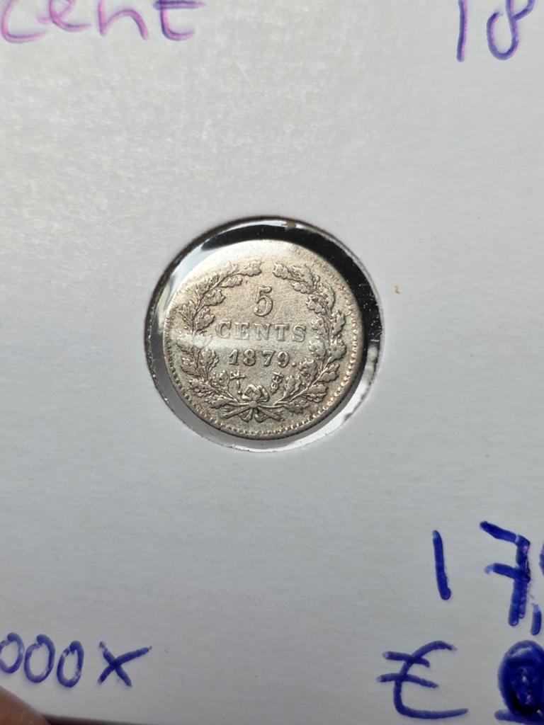 5 cent 1879 Willem 3 Nederland, Koning Willem III, Verzenden, Zilver, Losse munt