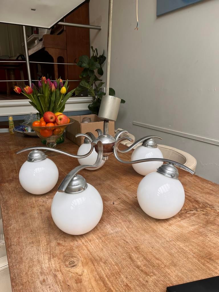 Vintage 5-lichts hanglamp met opaalglas – jaren 60/70, Ophalen of Verzenden