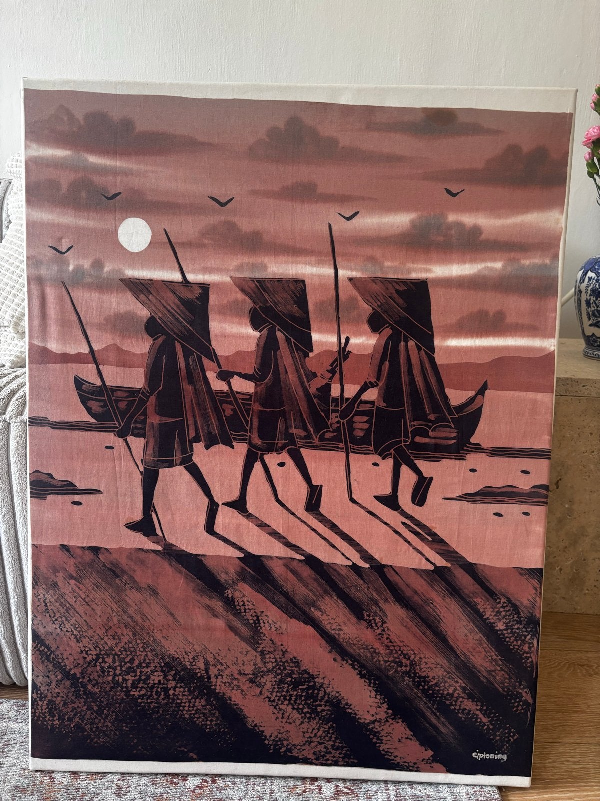 Vintage Eiptoning Schilderij Aziatische Vissers van Bali, Ophalen