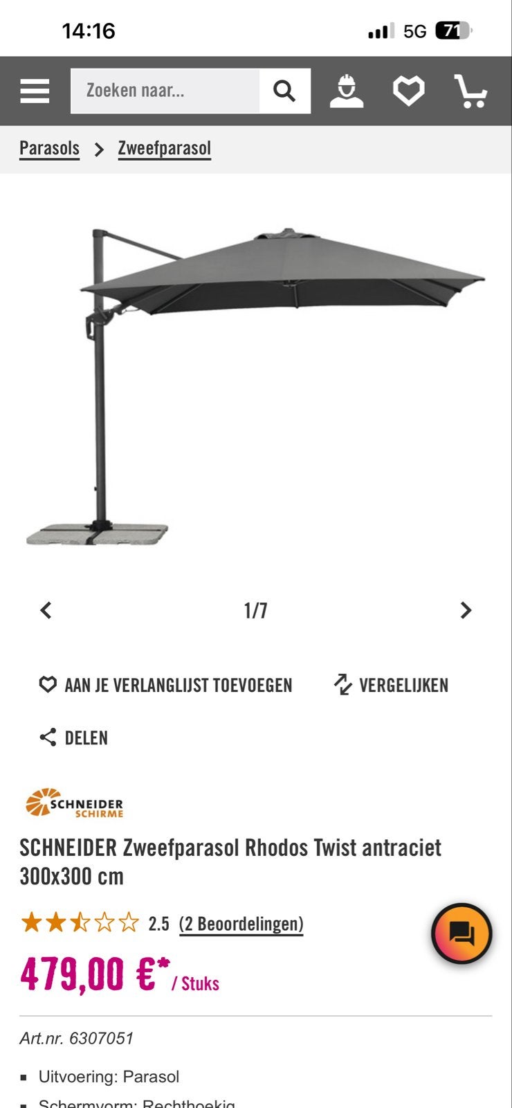 Schneider Zweefparasol Rhodos Twist Antraciet 300x300 nieuw, Tuin en Terras, Ophalen, Kantelbaar, Nieuw, 2 tot 3 meter