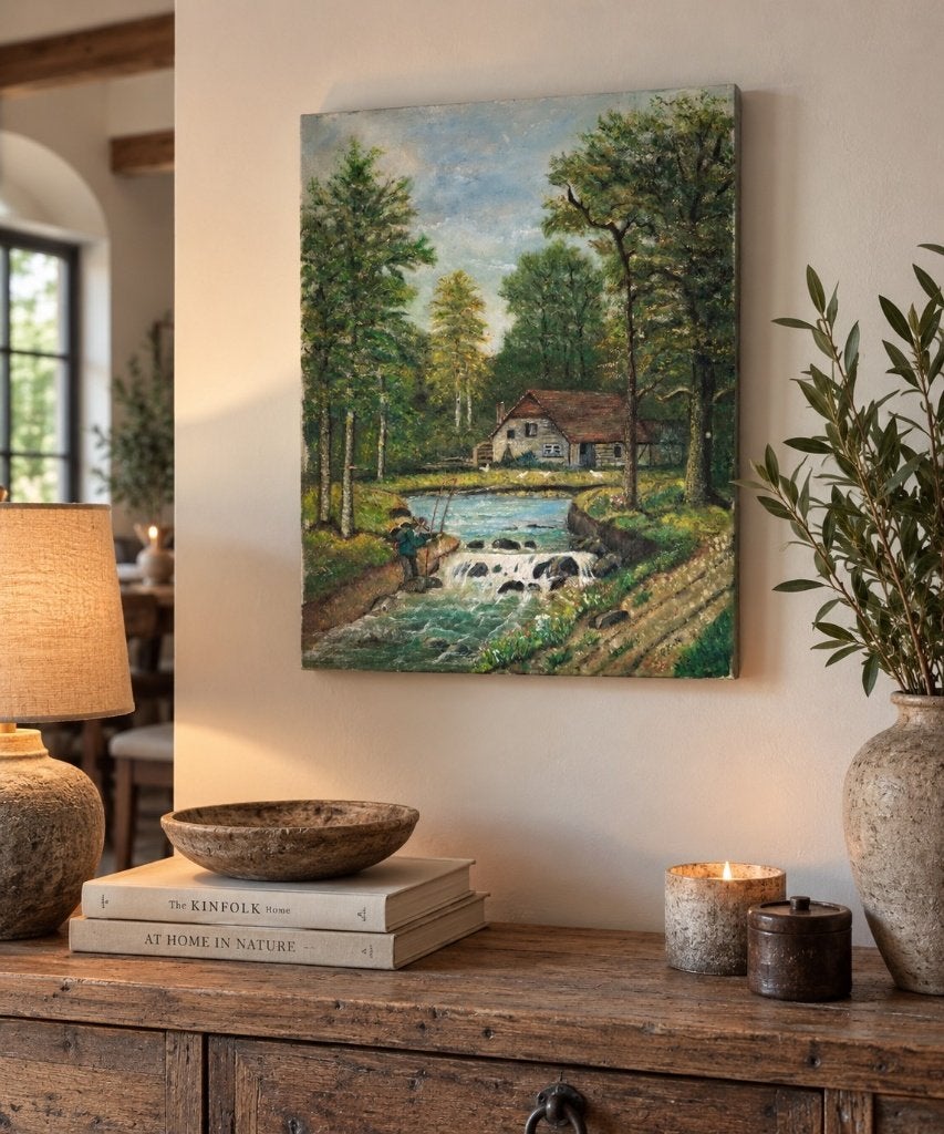 Schilderij boslandschap met beek en boerderij, Ophalen of Verzenden