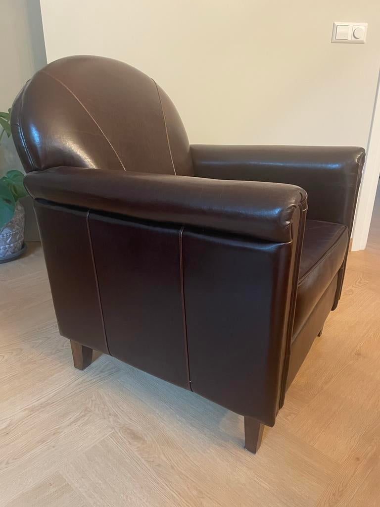 Leren fauteuil - Donkerbruin, Ophalen, Gebruikt, Leer, 75 tot 100 cm