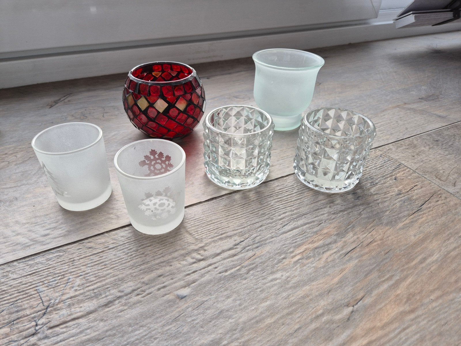 Set van 6 theelichthouders / waxinelichthouders, Gebruikt, Waxinelichthouder, Ophalen of Verzenden, Glas