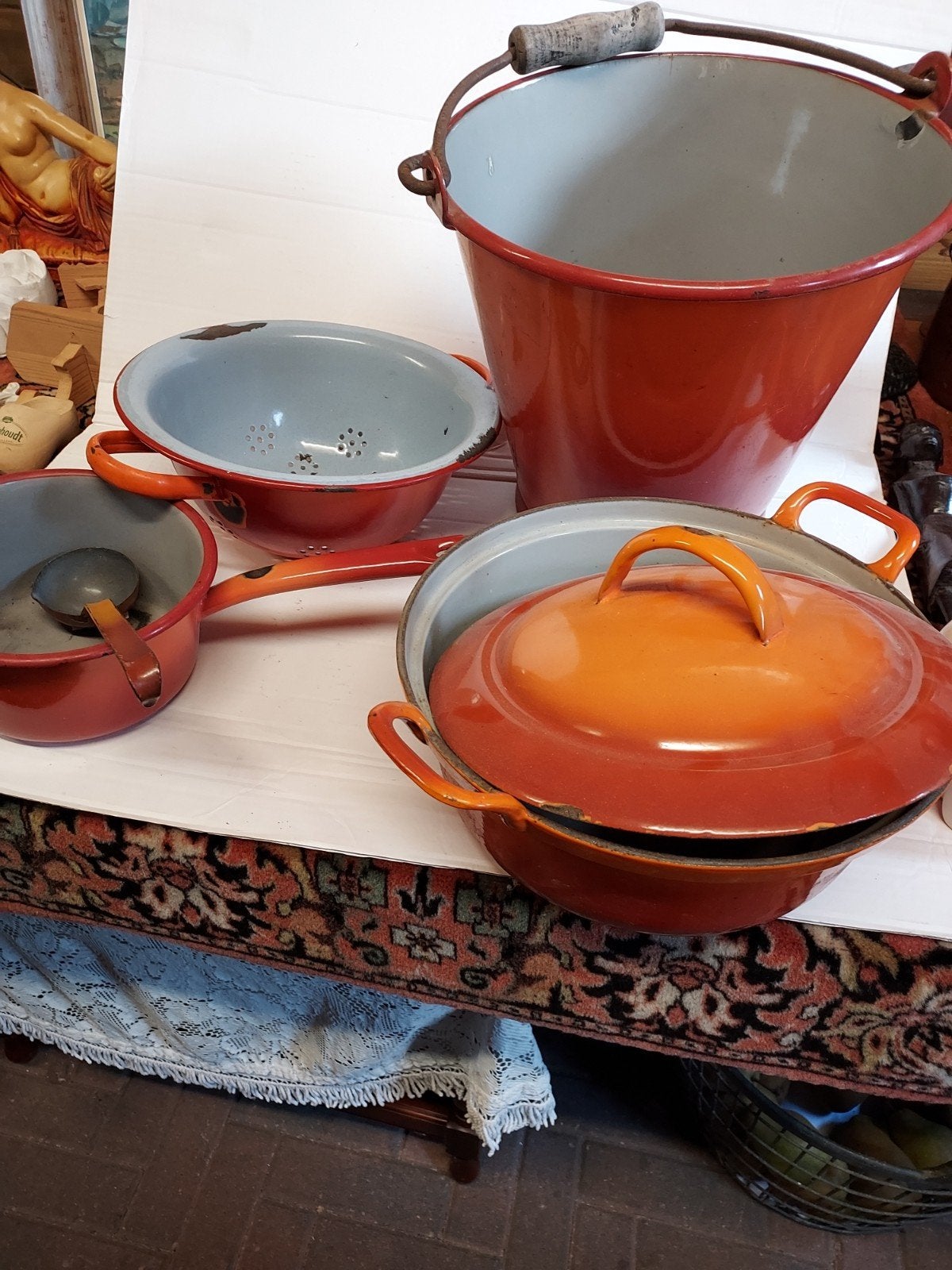 Vintage geëmailleerde keukenset: emmer, vergiet, pan, Ophalen
