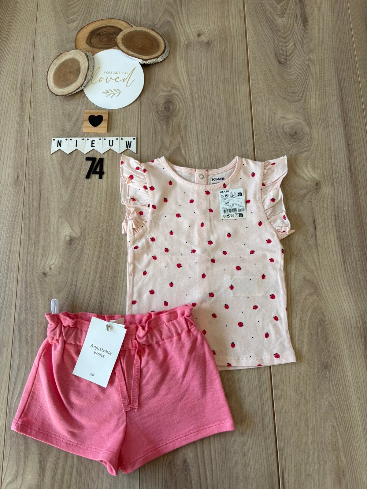 Baby meisje zomer setje kort broekje h&m shirt kiabi maat 74, Ophalen of Verzenden, Nieuw, Meisje, Setje