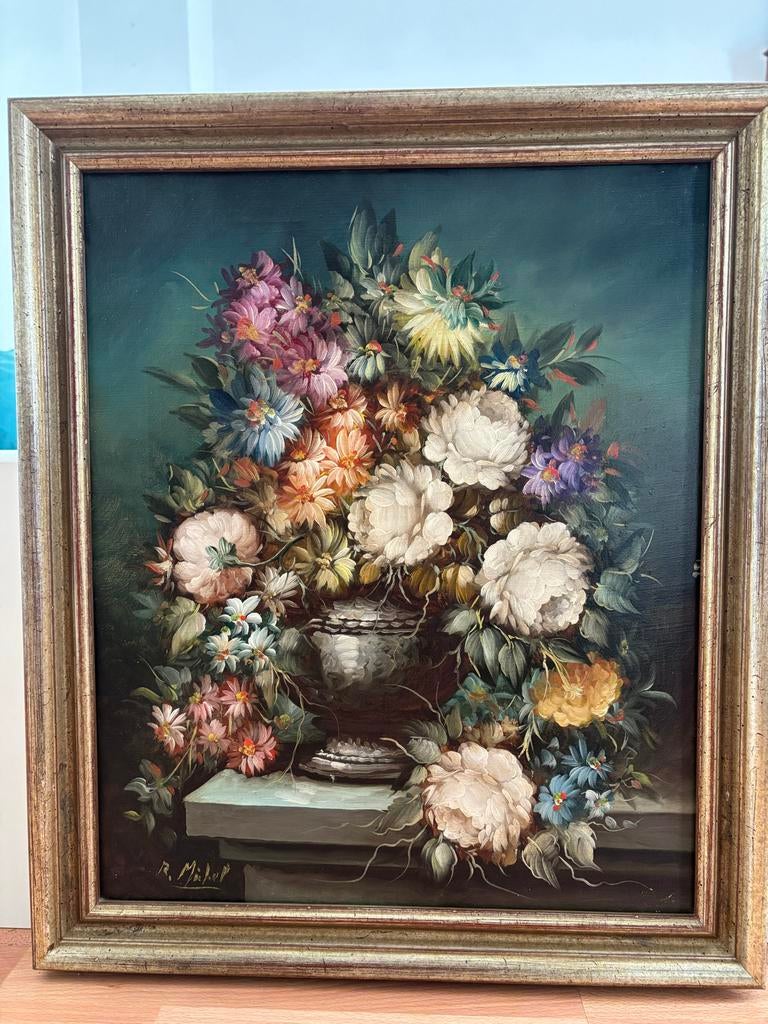Vintage bloemstilleven olieverfschilderij met lijst, Ophalen of Verzenden