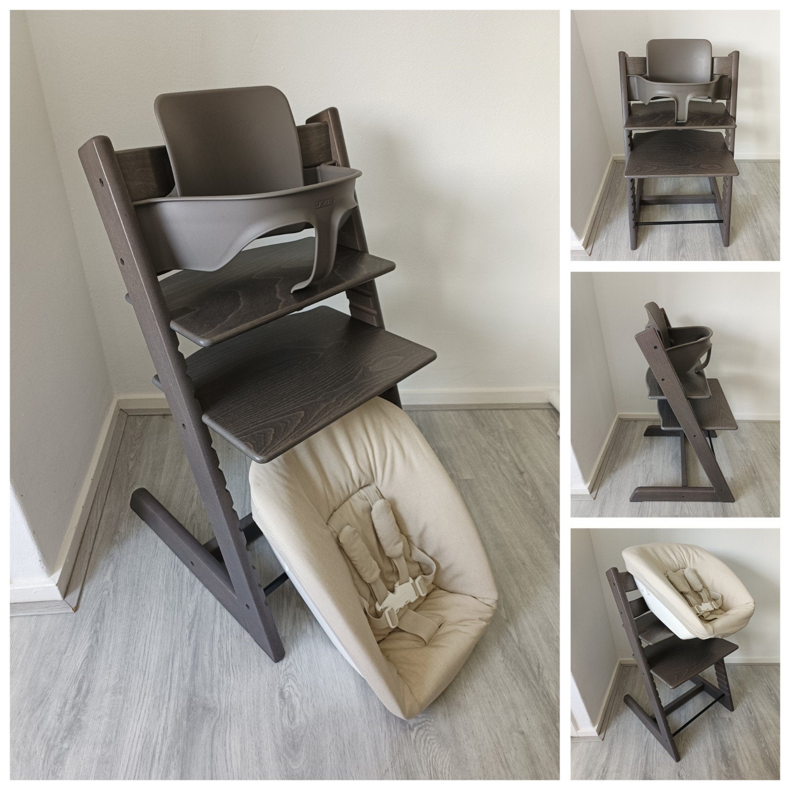 ZGAN! Stokke Tripp Trapp hazy grey met babyset en newbornset, Meegroeistoel, Ophalen of Verzenden, Zo goed als nieuw, X