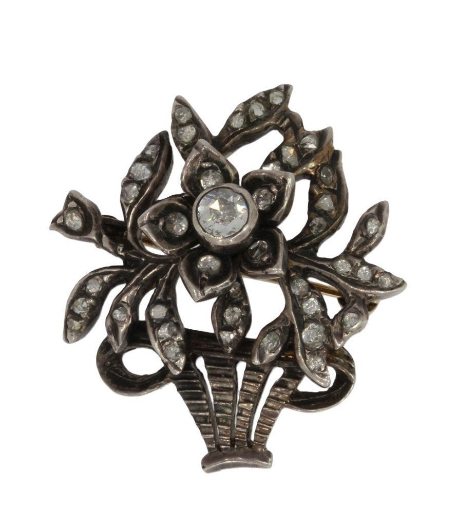 Diamanten antieke giardinetti bloem broche 14k goud zilver