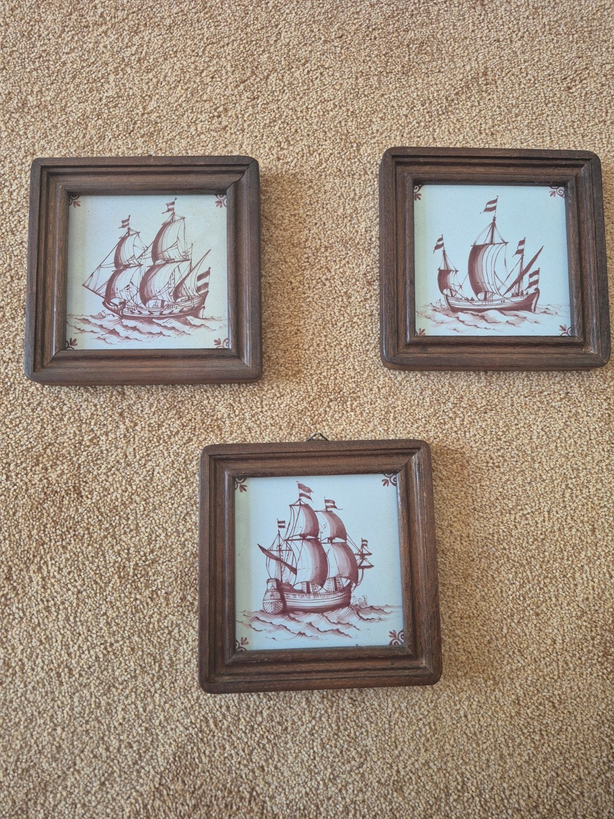 Set van 3 antieke tegels met schepen, Ophalen of Verzenden