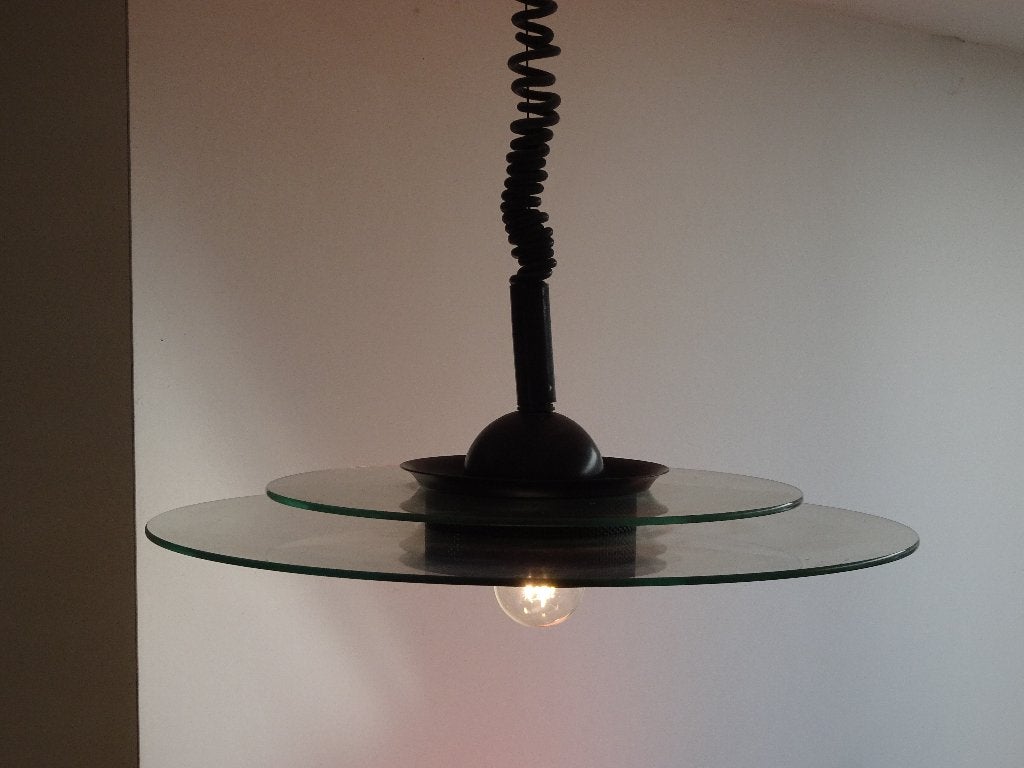 Vintage verstelbare Ronde "Ufo" glazen hanglamp, Ophalen, Gebruikt, Glas, E27 (groot)