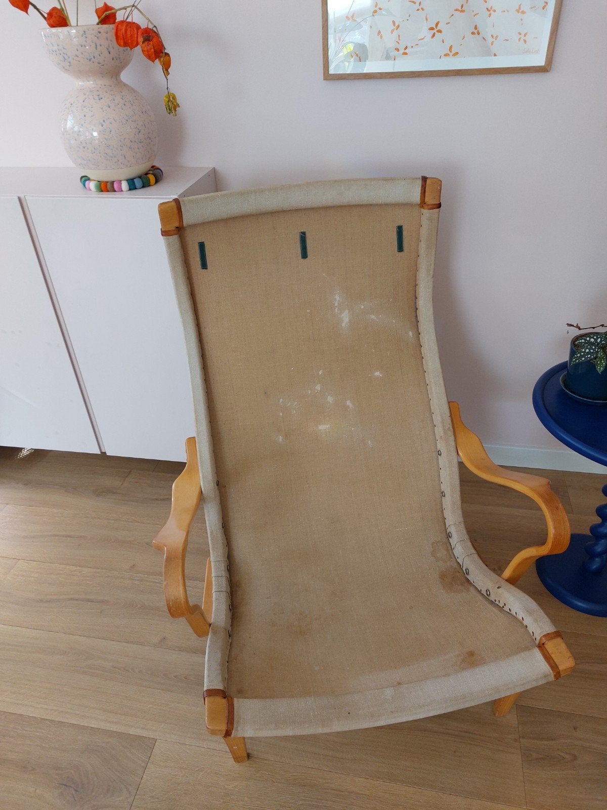 Bruno Mathsson - Pernilla design loungestoel / fauteuil, Ophalen, Gebruikt, Hout, 75 tot 100 cm