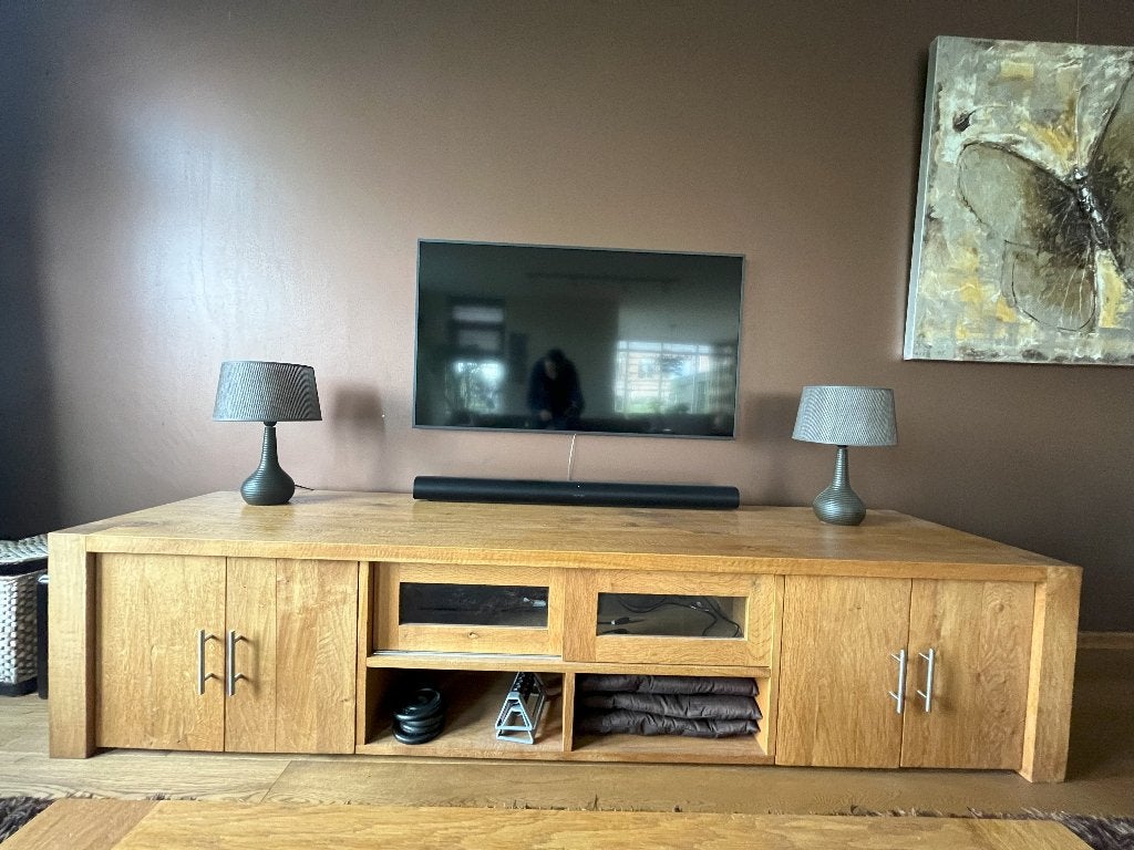 TV meubel oud eiken, Ophalen, Glas, Zo goed als nieuw, 200 cm of meer