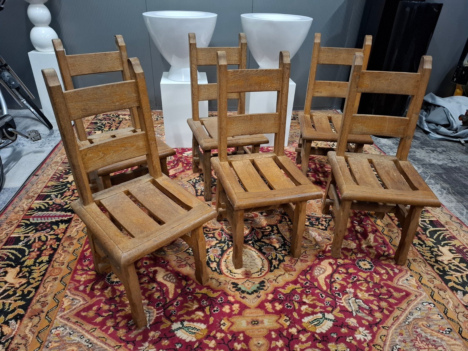 Vintage brutalist Eiken stoelen unieke 6 delige set! Zie Wow, Huis en Inrichting, Ophalen, Gebruikt, Bruin, Vijf, Zes of meer stoelen