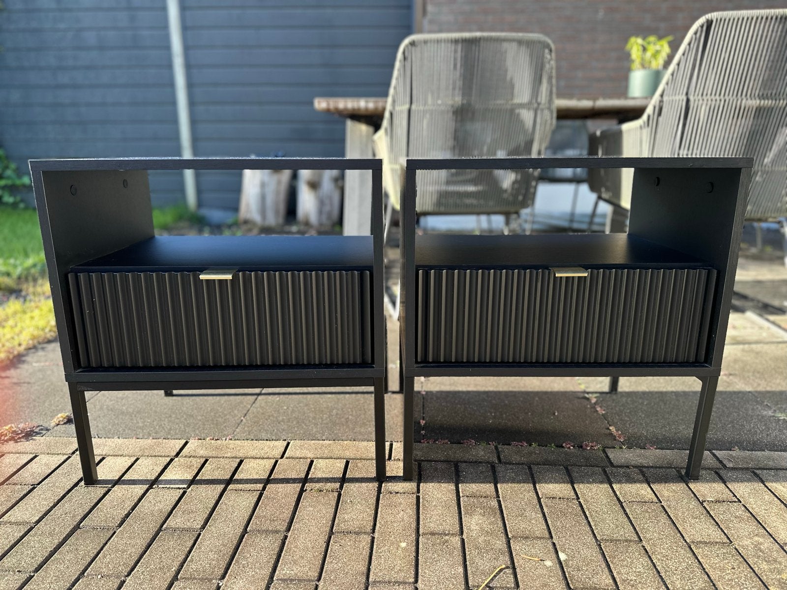 Set van 2 zwarte nachtkastjes met lade en open vak, Huis en Inrichting, Ophalen, Zo goed als nieuw, 45 tot 65 cm, Minder dan 55 cm
