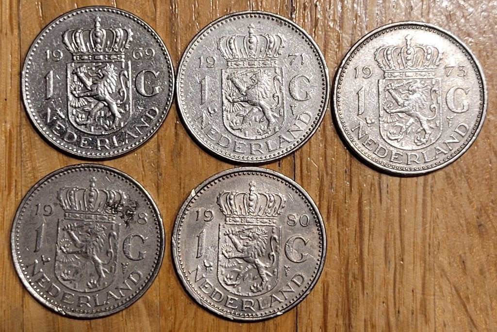 Guldens Juliana 1969,1971,1973,1978,1980., Ophalen of Verzenden, Koningin Juliana, 1 gulden, Setje