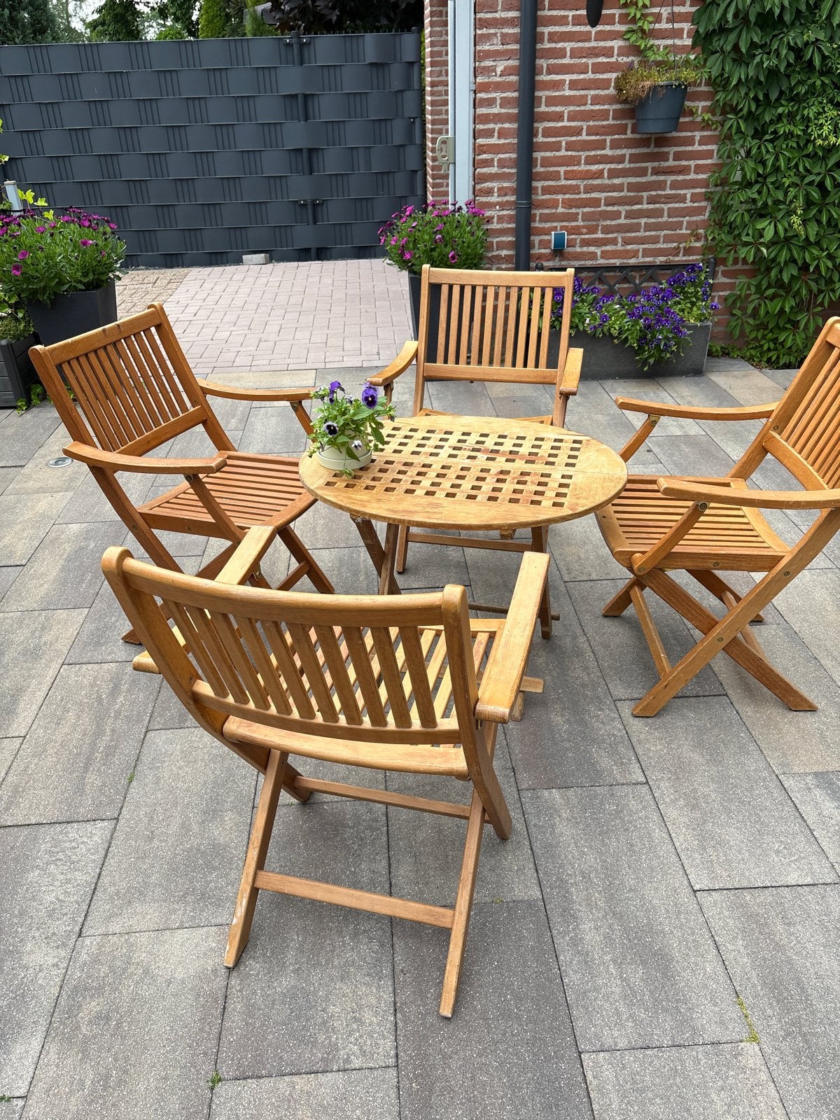 Teakhouten inklapbare tuinset: tafel en 4 stoelen, Ophalen, 4 zitplaatsen, Gebruikt, Eettafel