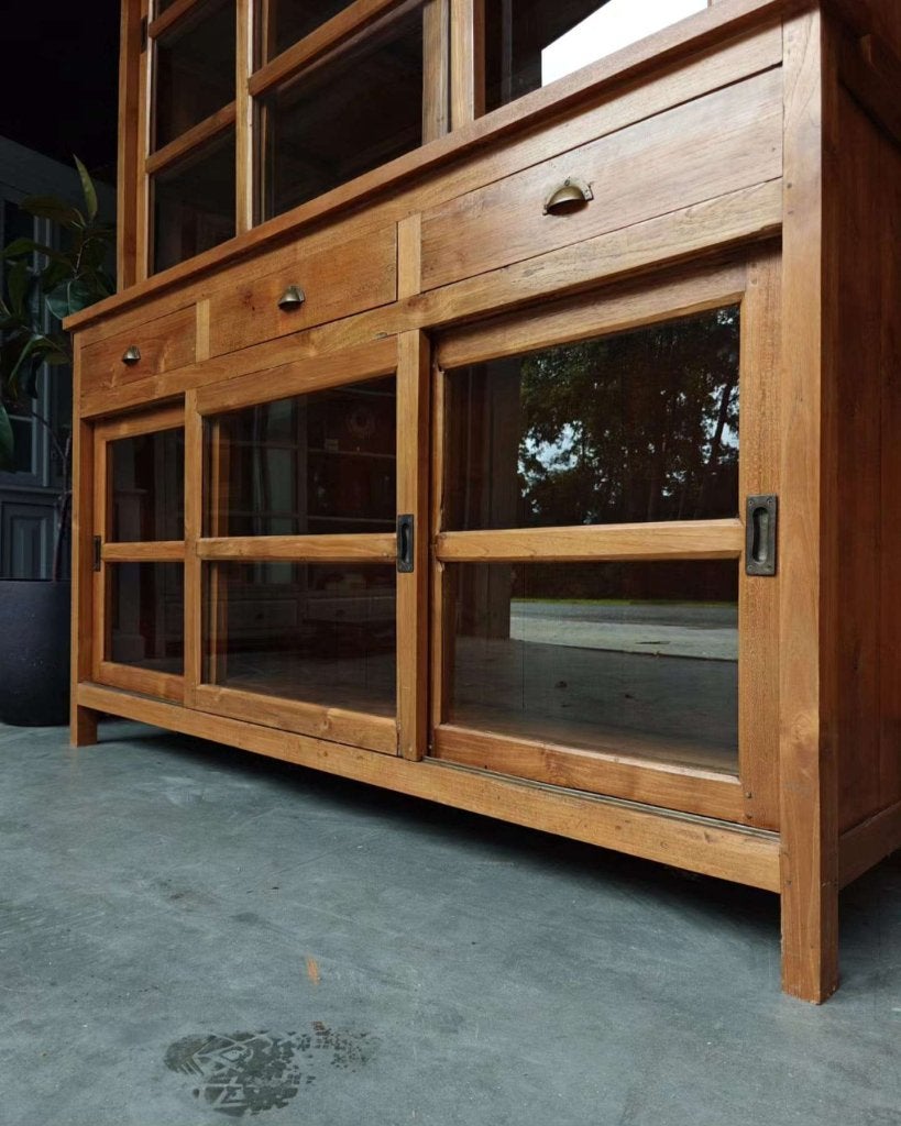 Antieke museumkast | Vitrinekast | Teak servieskast #5933, Huis en Inrichting, Gebruikt, -, 200 cm of meer, -