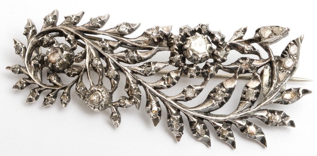 Roosdiamanten diamant veerbroche mooi exemplaar Holland 1818, Ophalen, Zilver, Broche, Met edelsteen