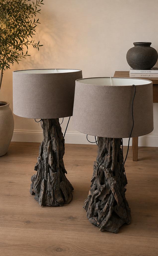 Set van 2 PTMD lampen met taupe kappen, houten voet, Ophalen, Zo goed als nieuw