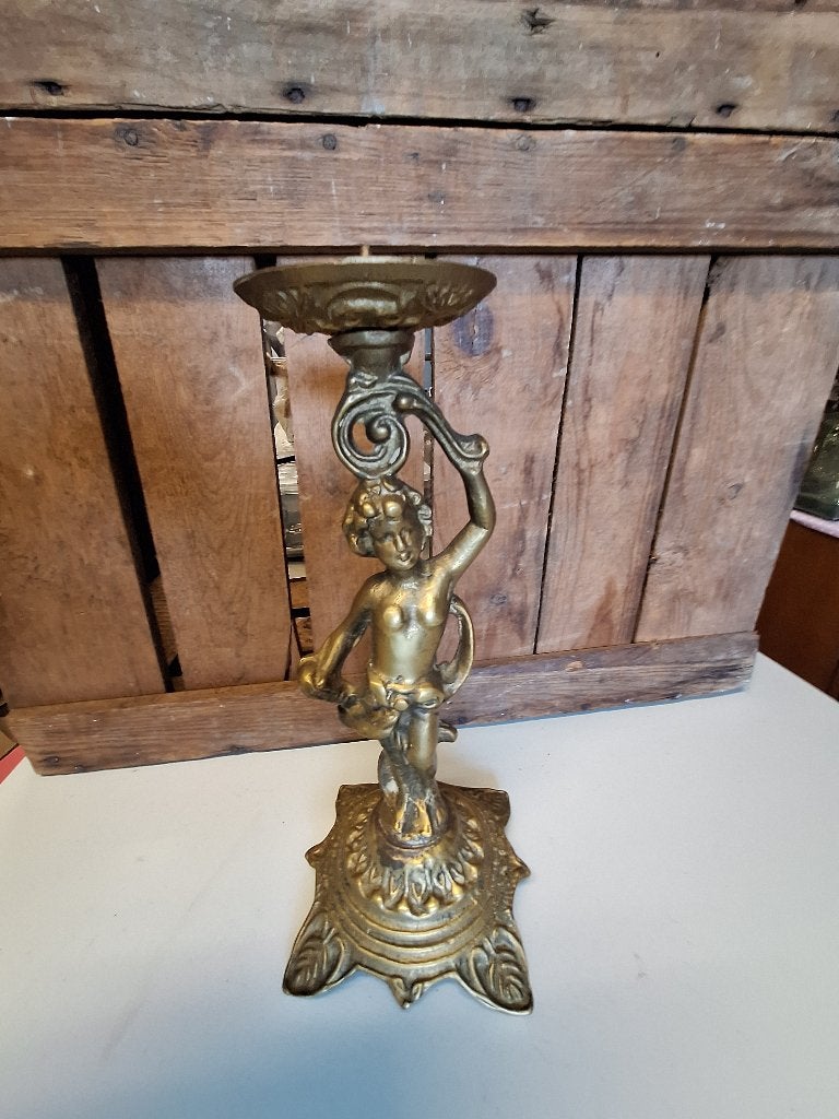 Antieke Koperen Kandelaar met Figuur - 29 cm, Ophalen, Koper of Brons