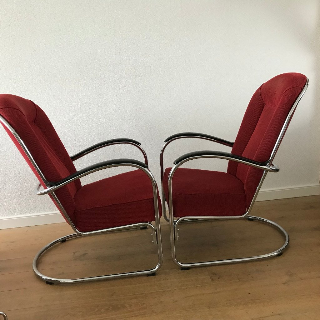 2 W.H. Gispen AA fauteuil stoel rood ribstof president, Ophalen, Gebruikt, 75 tot 100 cm, Nvt