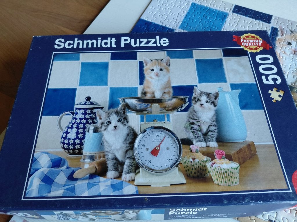 Poezen in de keuken puzzel 500 stukjes Schmidt, Ophalen of Verzenden, 500 t/m 1500 stukjes, Zo goed als nieuw, Legpuzzel