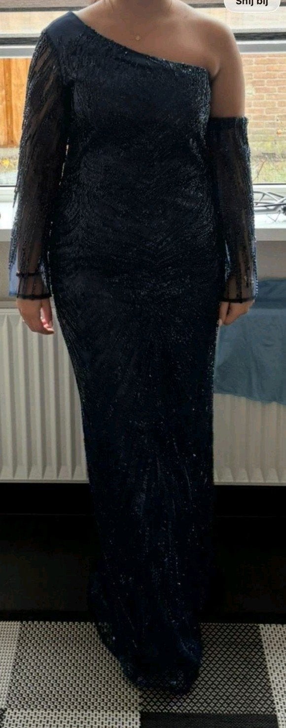 Prachtige donkerblauwe galajurk met pailletten, Maat 38/40 (M), Blauw, Ophalen of Verzenden, Onbekend