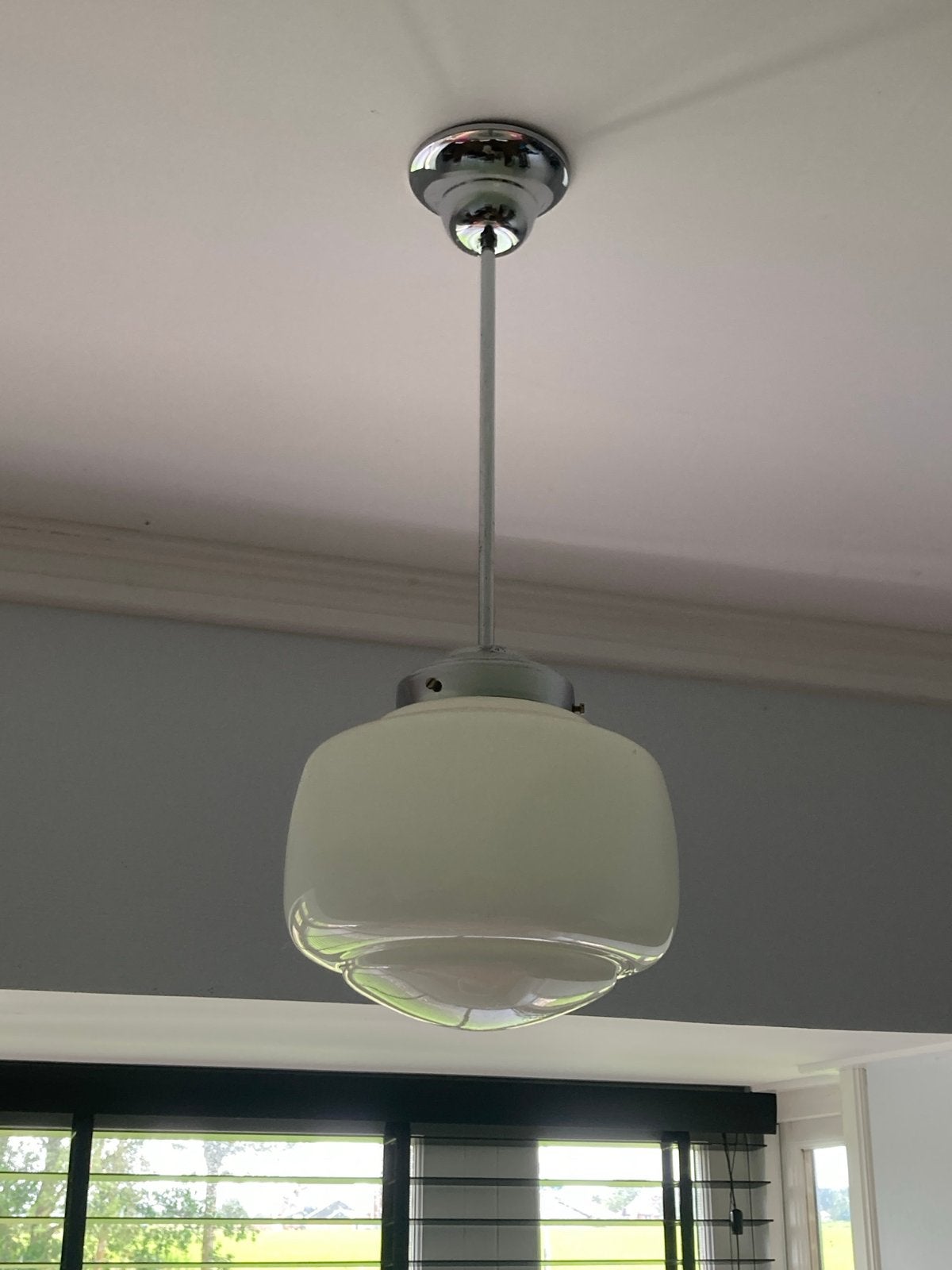Retro glazen hanglamp - 57 cm hoog, 21 cm doorsnee, Huis en Inrichting, Lampen | Hanglampen, Gebruikt, Glas, Ophalen of Verzenden