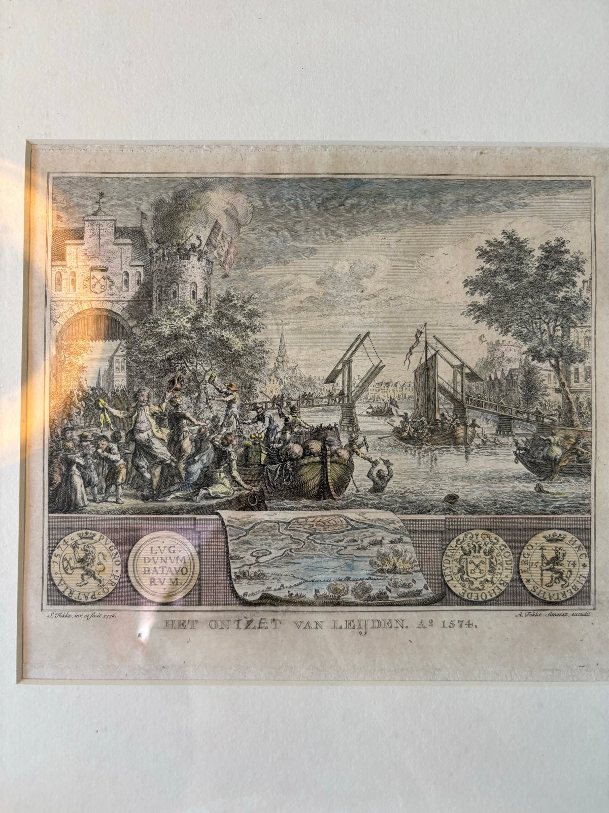 Het Ontzet van Leiden - Gravure van S. Fokke (1776), Militair, Ophalen of Verzenden, Gravure, Origineel