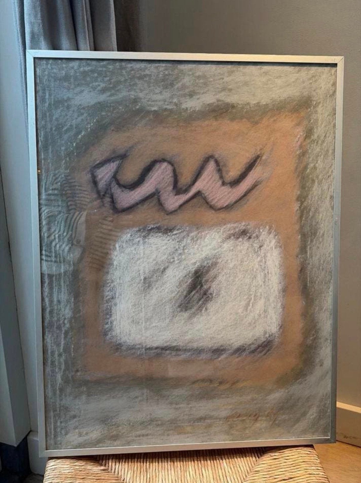 Abstract krijt schilderij in zilverkleurige lijst / pastel, Ophalen of Verzenden