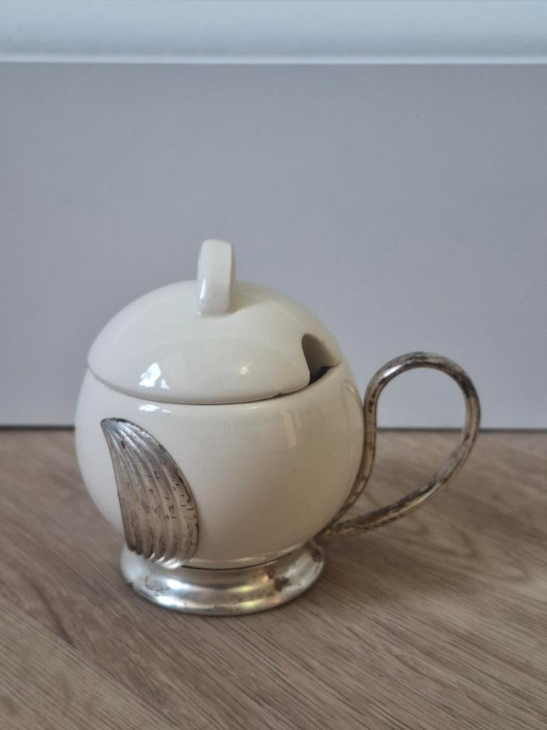 Art deco mosterd potje verzilverd, Ophalen of Verzenden