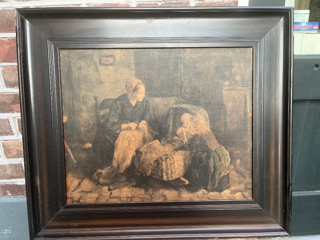 Antieke lijst (54x62) met sfeervolle prent naar H. Kever, Gebruikt, Ophalen of Verzenden, Voor 1940, Prent