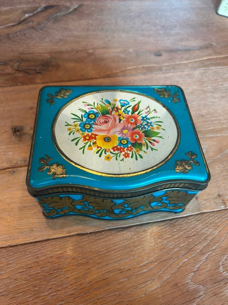 Prachtig vintage blik – kleurrijke retro sierdoos, Verzamelen, Ophalen of Verzenden, Gebruikt, Overige, Overige merken