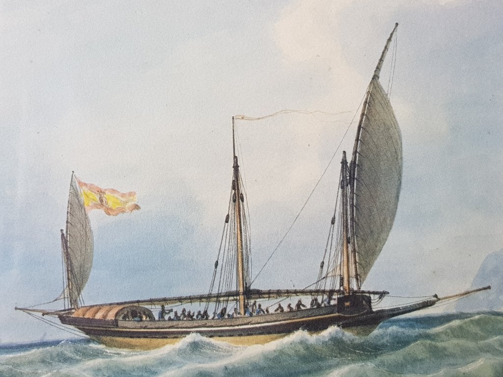 Mooie antieke ingelijste Engelse prent van historisch schip., Ingelijst, Ophalen of Verzenden, Landschappen
