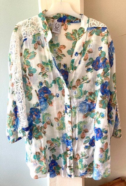 * Prachtige gebloemde blouse blauw groen mt 40 katoen KOOPJE, Maat 38/40 (M), Blauw, Ophalen of Verzenden, Onbekend