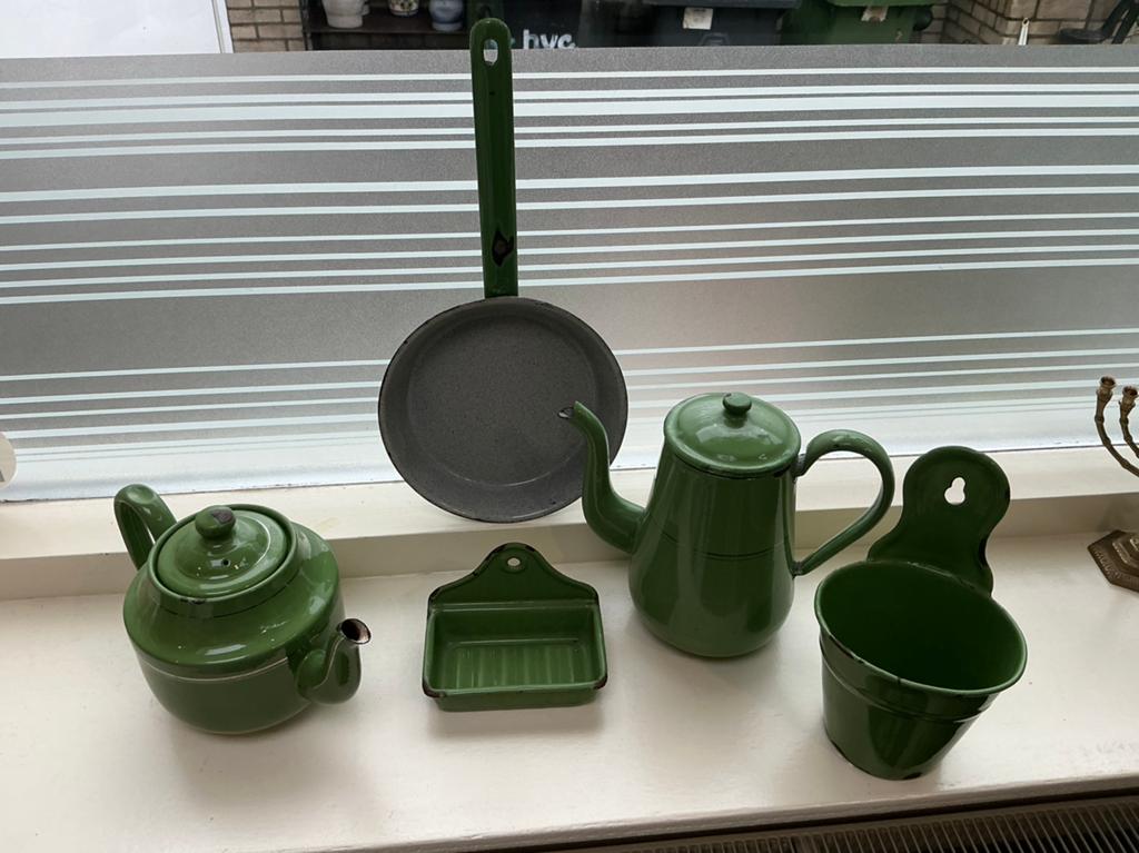Emaille reseda Groenen keuken spullen., Antiek en Kunst, Ophalen of Verzenden
