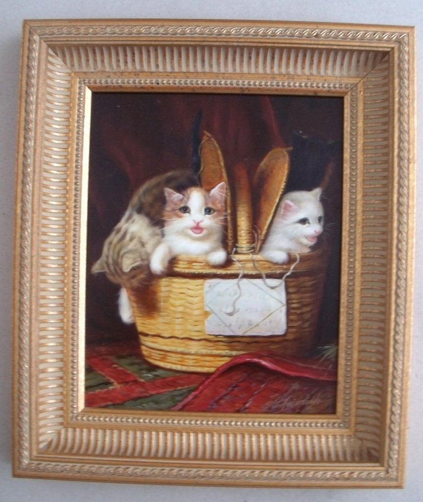 Heinrich (??)  Kittens in een mand - olieverf op paneel, Ophalen of Verzenden