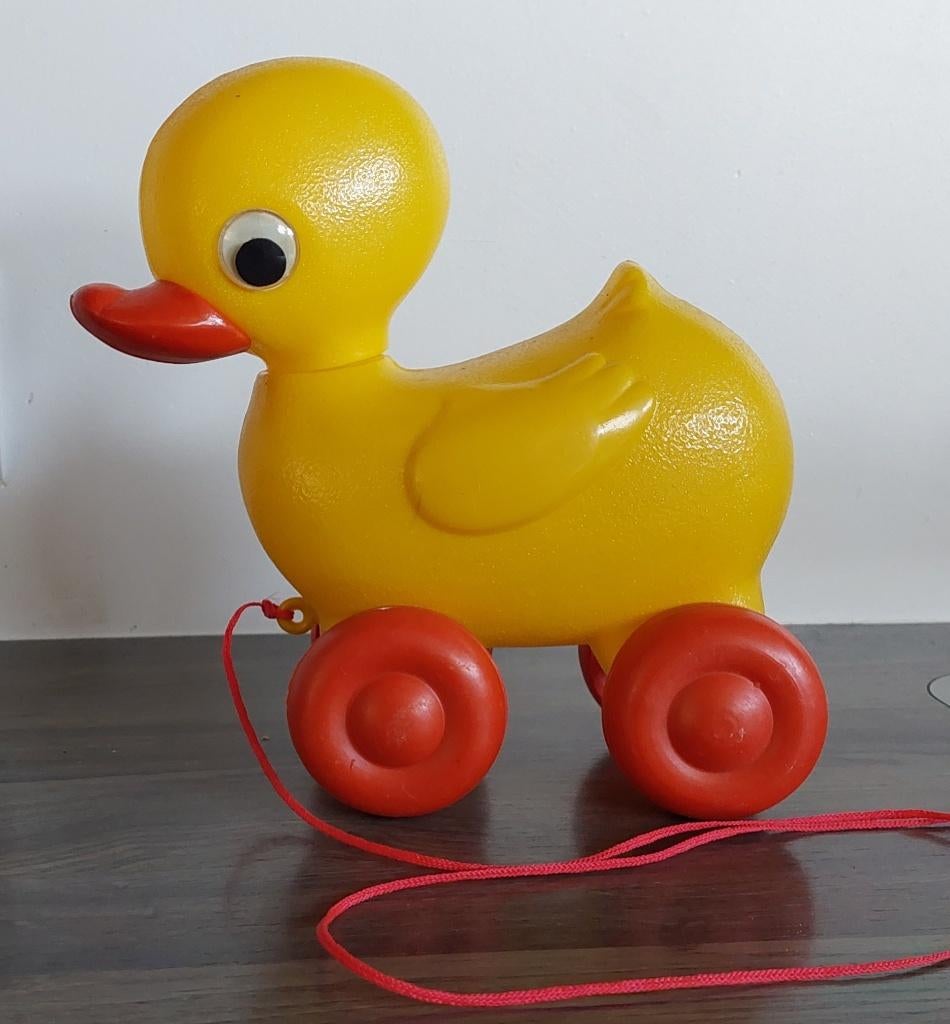 Vintage gele speelgoed eend met trektouw, Kinderen en Baby's, Speelgoed | Knuffels en Pluche, Gebruikt, Eend, Ophalen of Verzenden