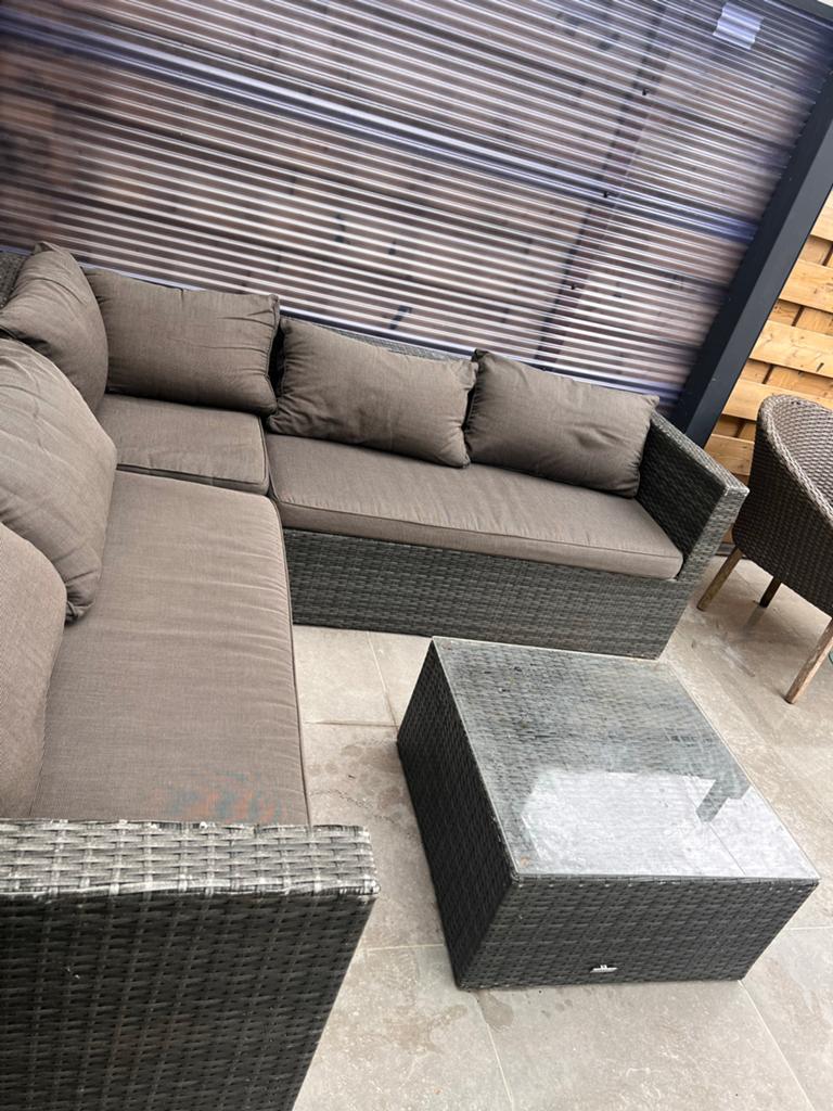 Wicker Loungeset met Salontafel - Grijs, Tuin en Terras, 5 zitplaatsen, Gebruikt, Ophalen of Verzenden, Loungeset